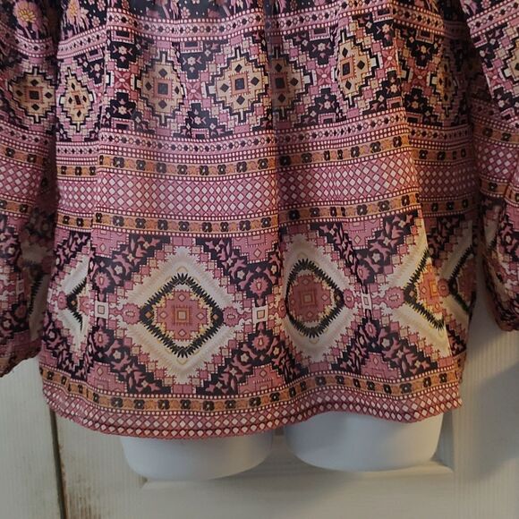 Tantrums  navy mauve boho aztec sheer style  long sleeve blouse  Sz S - Picture 2 of 7